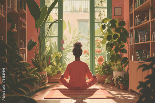 A woman in a red tracksuit is meditating in a room full of plants. Mental peacefulness photo