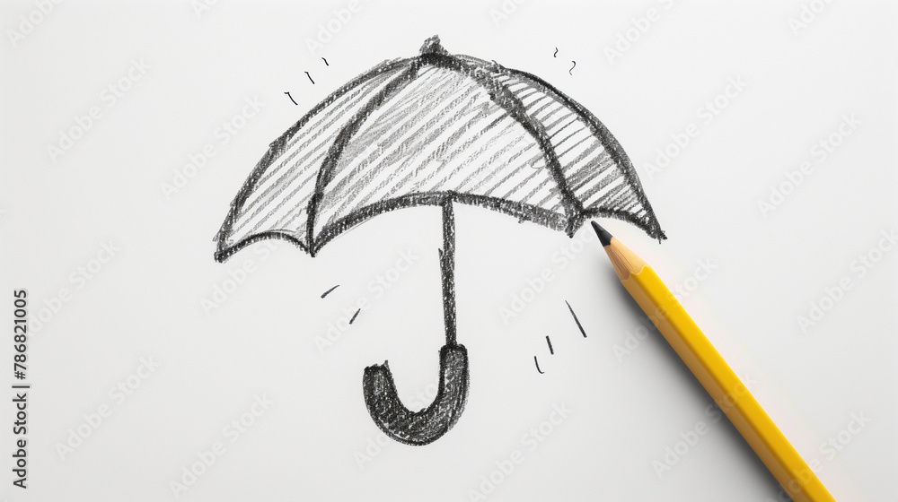鉛筆で描いた傘のデッサンとそれを描いた黄色い鉛筆