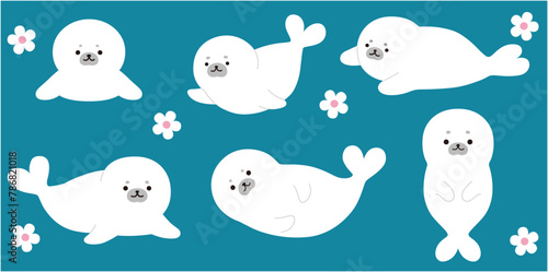 アザラシの赤ちゃんのベクターイラストセット。アイコン、動物、海、南極、水族館