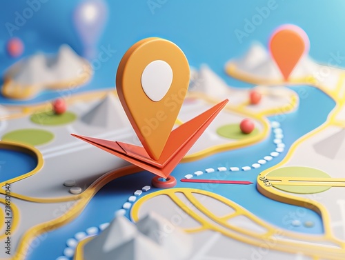 Embark on a journey with our map search and delivery banner template, showcasing a 3D rendered map marker icon, paper plane, and dashed line depicting the route