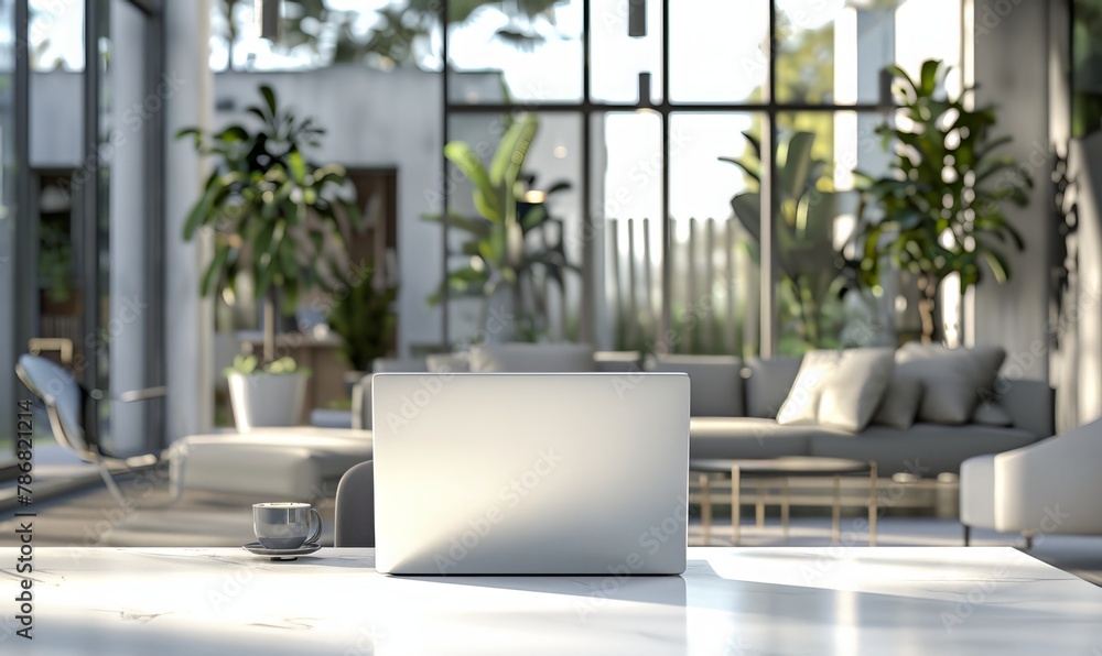 Fototapeta premium back view image of a laptop computer on a white tabletop in a contemporary office. 