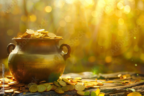 Pot of gold coins on blurred nature golden background. Golden coins in the pot.