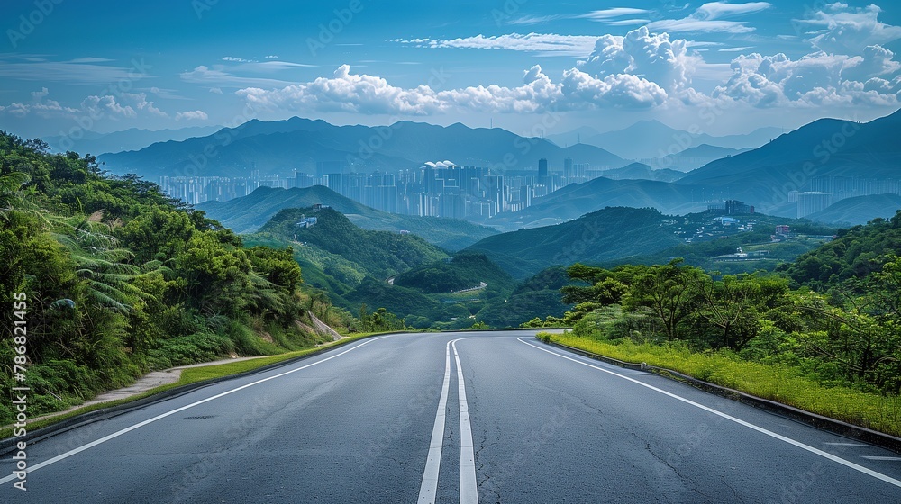 Fototapeta premium Asphalt Highway and Skyline with Modern Buildings: A Scenic Road Trip to the Mountains and the Journey to Modernity with a City’s Skyline Beyond Nature