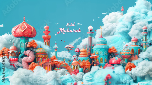 Cheerful coral "Eid Mubarak" set against a cheerful sky blue backdrop.