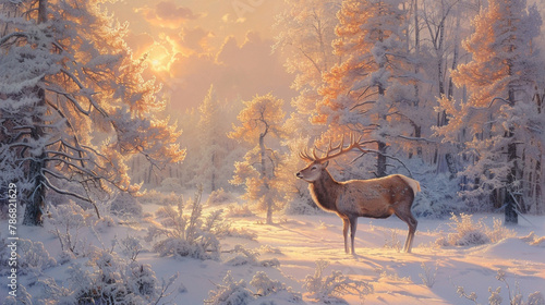 Amidst the frost-kissed trees of the forest, a noble deer stands bathed in the soft glow of dawn, its coat adorned with shades of coral pink. The tranquility of the winter landscape is palpable,  