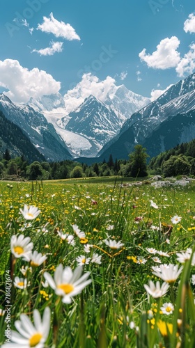 A field filled with blooming daisies spreads out in the foreground  stretching towards majestic mountains in the distance. The bright white petals of the daisies contrast against the green stems  unde