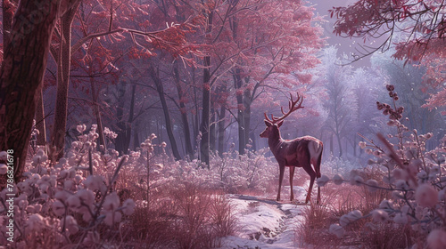Amidst the frost-kissed trees of the forest, a noble deer moves with silent grace, its coat adorned with shades of deep crimson. The winter landscape is  f 