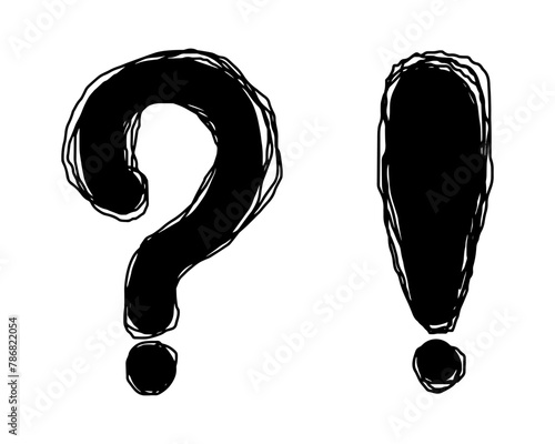 Set of hand drawn question marks and exclamation. doodle questions marks. isolated on black and white. vector illustration