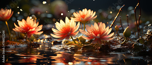 a many flowers that are in the water with water droplets photo
