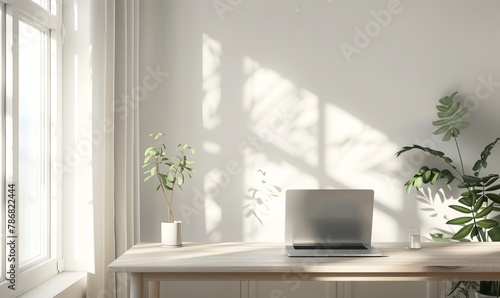 back view image of a laptop computer on a white tabletop in a contemporary office. 