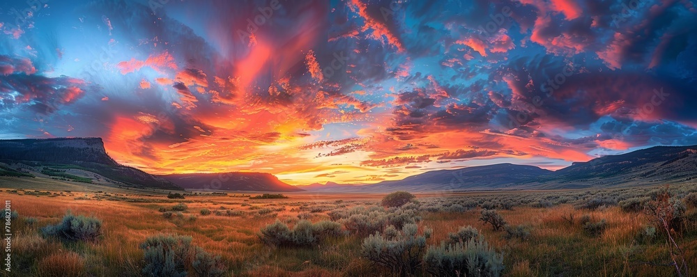 Sundown sky ablaze with colors, wide panoramic view, no birds, just the tranquil beauty of day's end.