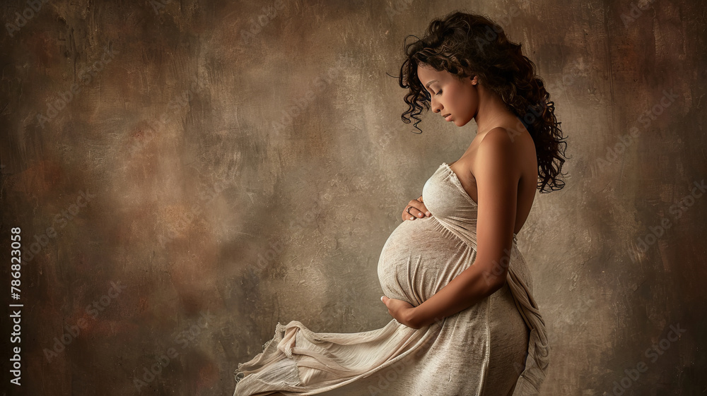 a pregnant woman from the side almost touching her belly. the picture is supposed to look like a 1990s vintage photograph,generative ai