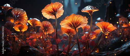 a many orange flowers that are glowing in the dark photo