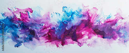 Vibrant bursts of magenta and serene sweeps of pastel blue converge against a pure white background, giving rise to a captivating abstract artwork photo