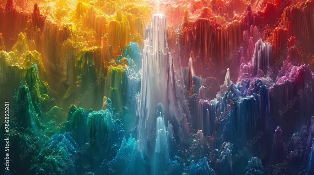 Picture an immersive 3D environment where a spectrum of colors cascades like a waterfall, creating a multi-layered landscape of hues that enchants the viewer. Picture an immersive 3D environment where a spectrum of colors cascades like a waterfall, creating a multi-layered landscape of hues that enchants the viewer.