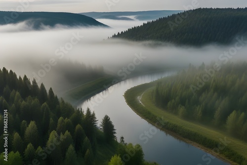 Aerial view of Cupressus Lake with low clouds and fog, Sukko village, Krasnodar Krai province, Russia. Generative AI photo