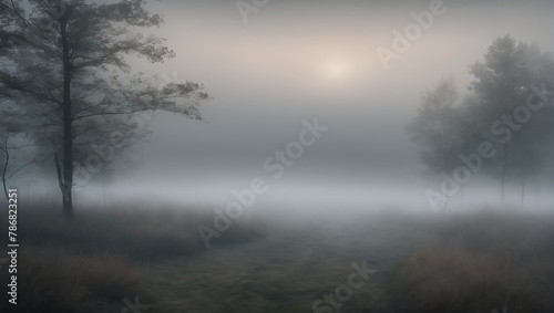 An image that captures the mysterious allure of dense fog, with muted tones and soft edges obscuring the landscape, hinting at hidden secrets waiting to be discovered ULTRA HD 8K