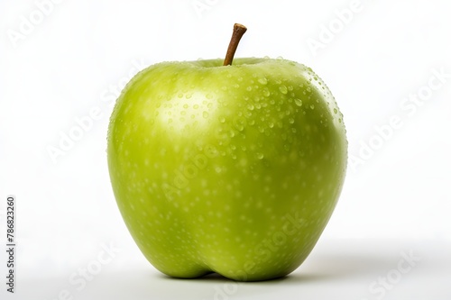 Green apple with water drops on white background