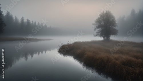 An image that captures the mysterious allure of dense fog, with muted tones and soft edges obscuring the landscape, hinting at hidden secrets waiting to be discovered ULTRA HD 8K © Moonish1