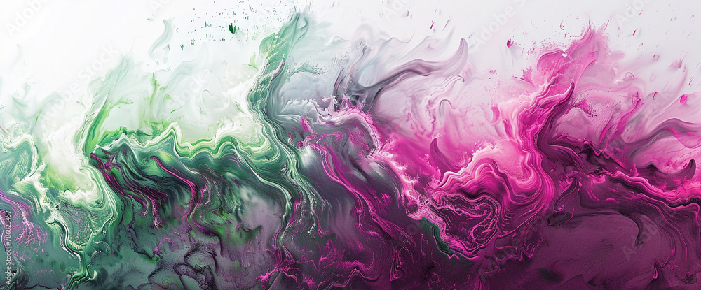 Vibrant hues of green and magenta intertwine and swirl against a clean white backdrop