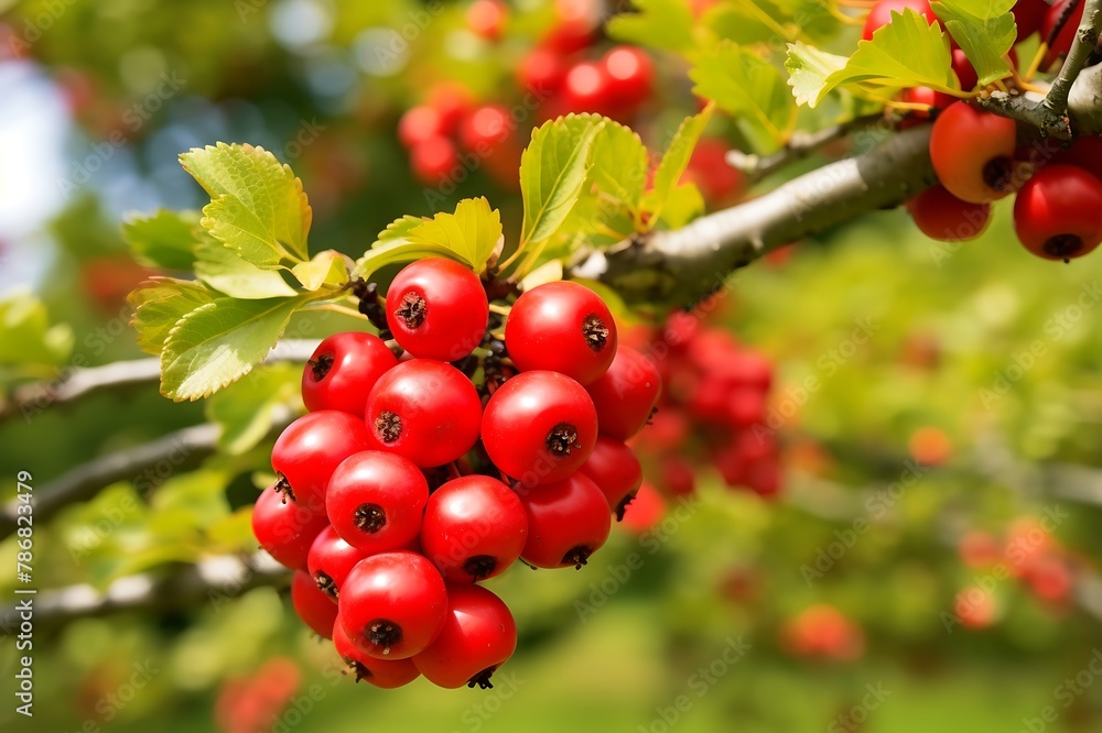 Obraz premium Hawthorn Berrys hanging from a tree branch in the Hawthorn Berry orchard