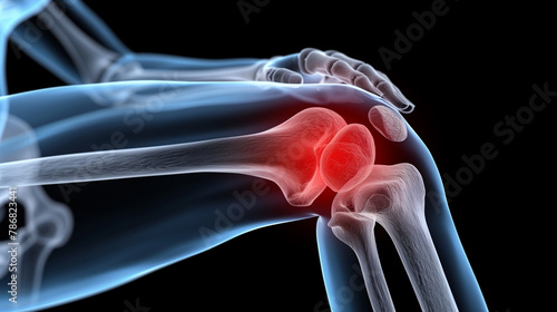 llustration of ACL pain, highlighted in red on the Knee area, on black background, x-ray human body. photo