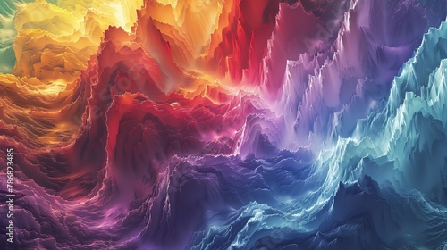 Picture an immersive 3D environment where a spectrum of colors cascades like a waterfall, creating a multi-layered landscape of hues that enchants the viewer. photo