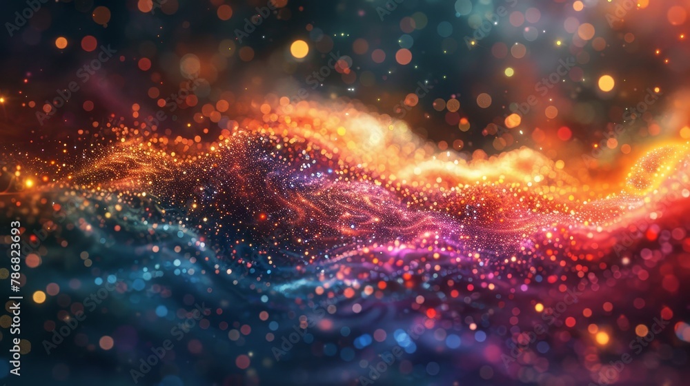 Picture an explosion of multicolored particles in a 3D void, each dot connecting to form intricate patterns that suggest the complexity and beauty of the cosmos.
