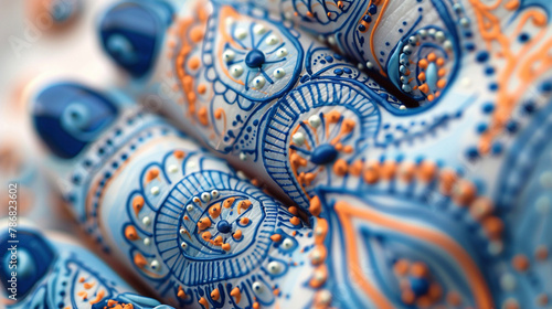 Create a whimsical Henna design incorporating paisley elements and isolated blue nails.