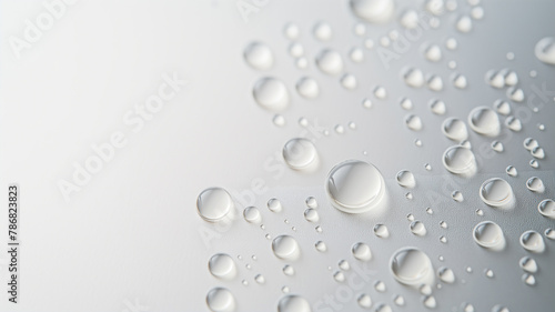 Water droplets on a smooth surface  varying sizes  glistening  purity and freshness concept.