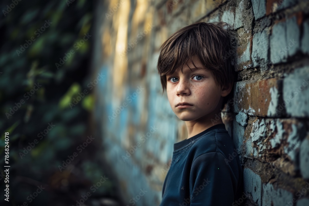 Portrait of a sad boy standing in front of a brick wall Portrait of a sad boy standing in front of a brick wall