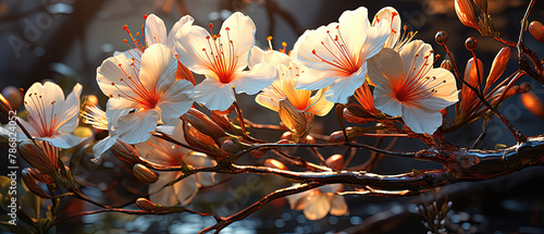 flowers are in the sunlight on a branch with leaves photo