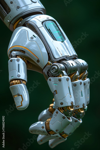 A highly detailed robotic hand is captured in close-up, exhibiting advanced technology and mechanical precision