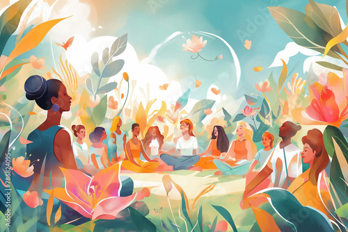 A group of diverse men and women are sitting in a circle, meditating in a beautiful garden.