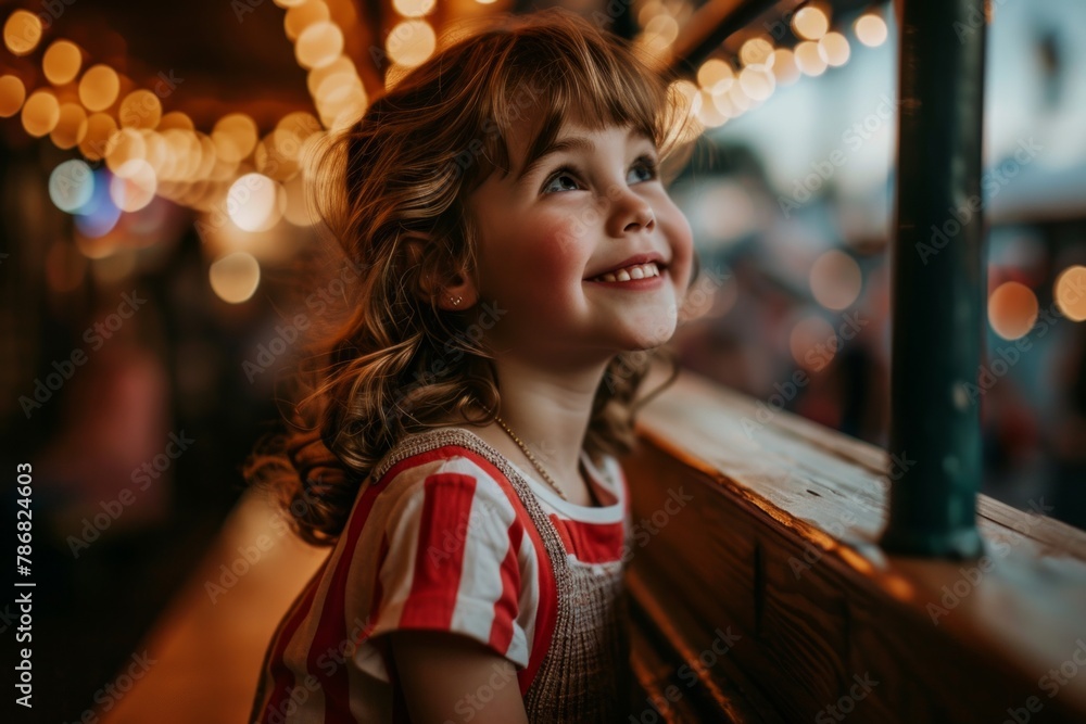 cute little girl in striped dress on the background of Christmas lights cute little girl in striped dress on the background of Christmas lights