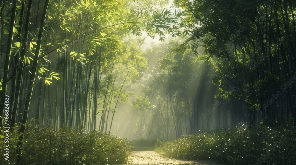 A path runs through a dense bamboo forest, with tall green bamboo shoots on either side creating a narrow passage. The sunlight filters through the canopy, casting shadows on the ground.
