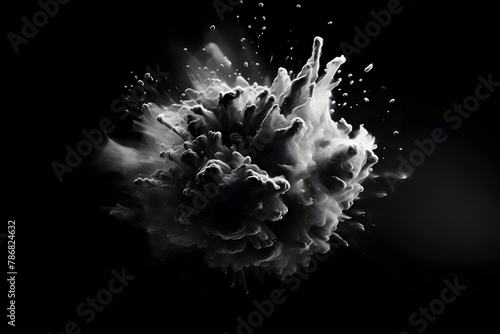 Explosive Charcoal Burst:Futuristic Monochrome Splash of Powdery Particles Amid Swirling Smoke and Air