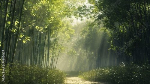 A path runs through a dense bamboo forest  with tall green bamboo shoots on either side creating a narrow passage. The sunlight filters through the canopy  casting shadows on the ground.