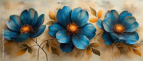 a three blue flowers on a wall with leaves photo