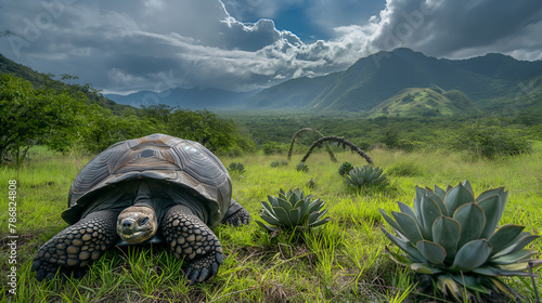 Gentle Giants of Galapagos: A Low-Angle View of Towering Tortoises photo