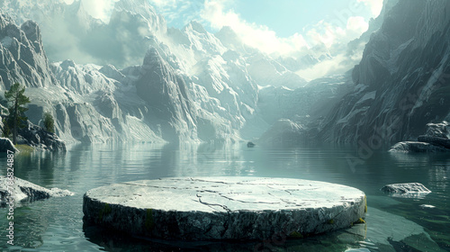 Stone podium floating above water: a backdrop of majestic mountains