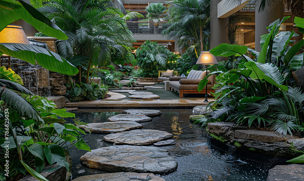 A symphony of water, greenery, and stone in a luxurious hotel garden setting A symphony of water, greenery, and stone in a luxurious hotel garden setting