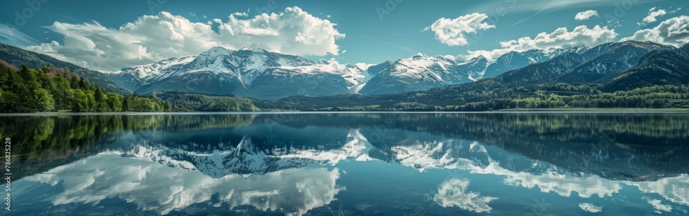 A stunning lake is visible in the foreground, framed by towering mountains in the background. The sky is filled with fluffy white clouds, creating a dramatic scene.