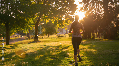 A woman taking a jog in a park on a sunny day, Taken from behind