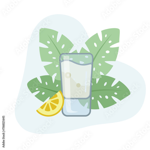 Tequila shot and lemon flat vector Illustration icon decorated with leaves for web use liquor, Mexico, shot, alcohol