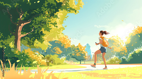 A woman taking a jog in a park on a sunny day, Taken from behind, cartoon pictures