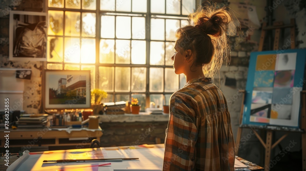 A woman is standing in front of a window in a room. She is looking out of the window. The room appears to be well-lit. A woman is standing in front of a window in a room. She is looking out of the window. The room appears to be well-lit.