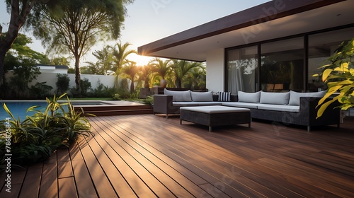 Modern house design with wooden patio low angle view of ipe hardwood decking  photo