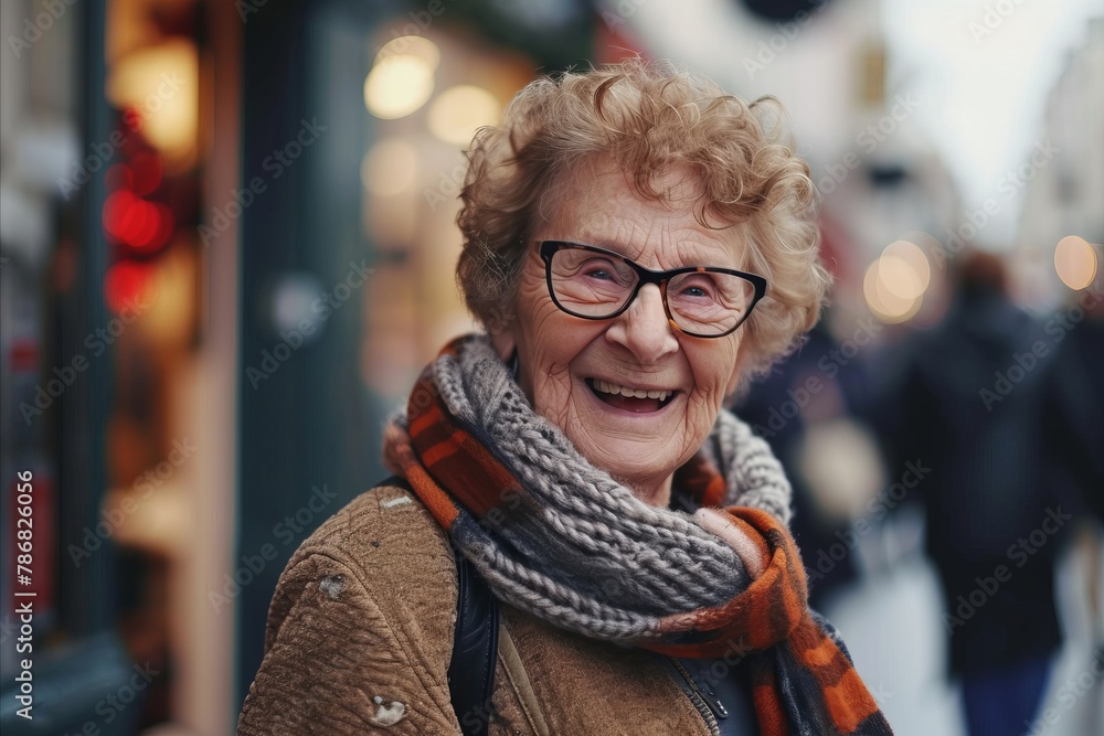 Portrait of happy senior woman in eyeglasses and scarf walking on street Portrait of happy senior woman in eyeglasses and scarf walking on street