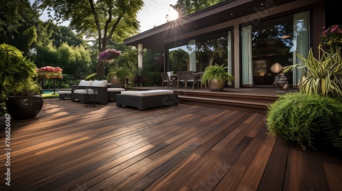 Modern house design with wooden patio low angle view of ipe hardwood decking  photo